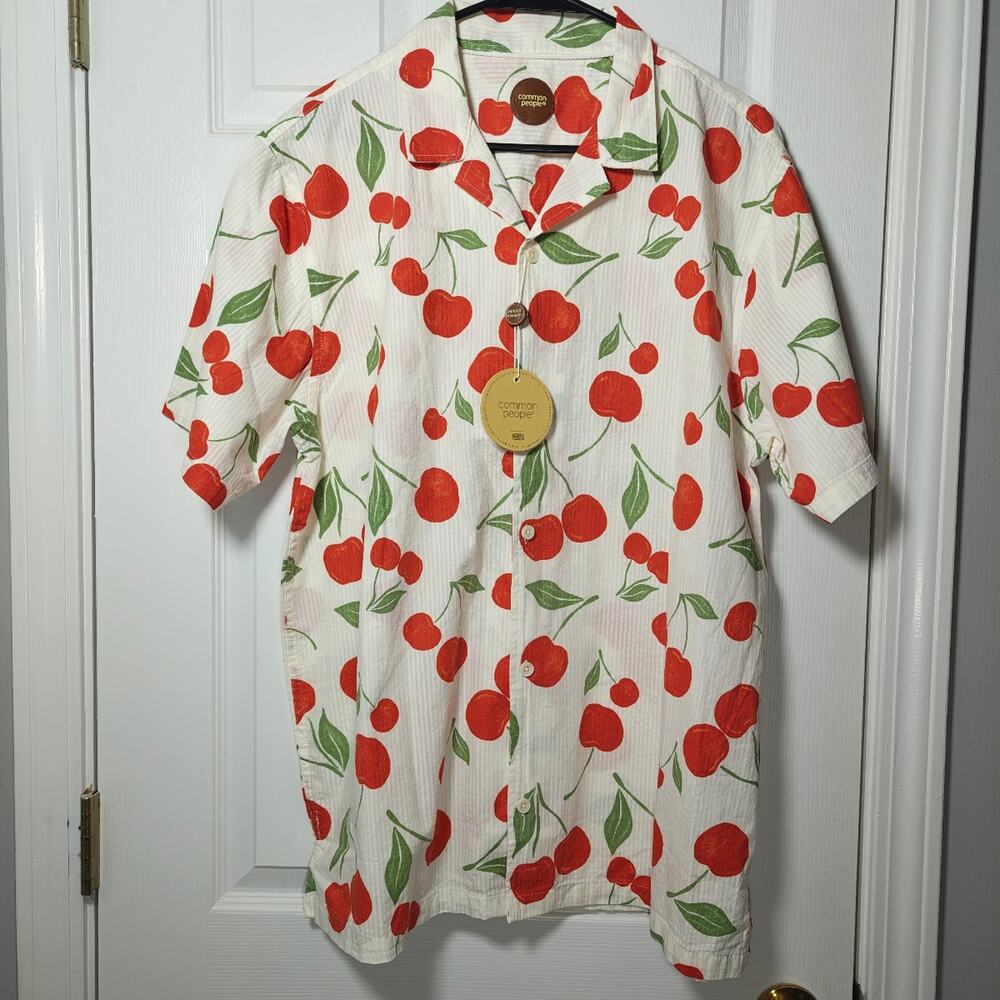 Common People Cherry Printed Seersucker Button Up Shirt XL NWT